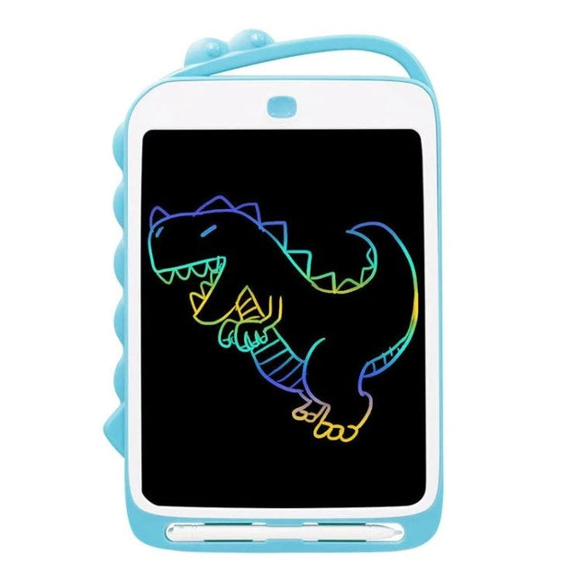 10-Inch Colorful Cartoon Dinosaur LCD Writing Board for Kids' Drawing showing blue tablet with rainbow dinosaur sketch and stylus