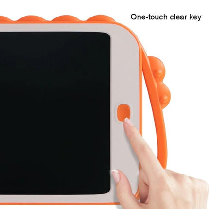 10-Inch Colorful Cartoon Dinosaur LCD Writing Board for Kids' Drawing showing one-touch clear key with finger pressing erase button on orange frame