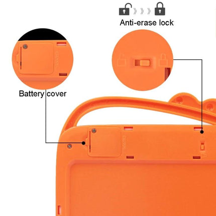 10-Inch Colorful Cartoon Dinosaur LCD Writing Board for Kids' Drawing showing orange back with battery cover and anti-erase lock