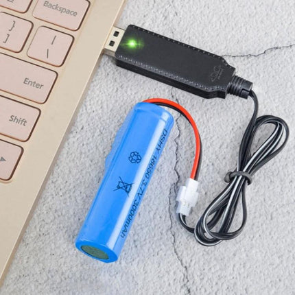 USB Charging Cable with Smart Chip for Toys and RC Aircraft - USB-to-battery charger plugged into laptop next to blue rechargeable toy battery