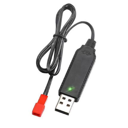 USB Charging Cable for Rechargeable Batteries in Toys and Appliances - black USB to JST-style connector with LED indicator, compact travel-friendly cable