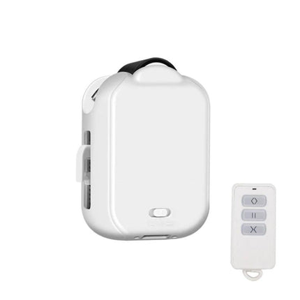 Smart Home Automatic Curtain Opener with Remote Control compact white motorized unit and handheld remote for automated curtains