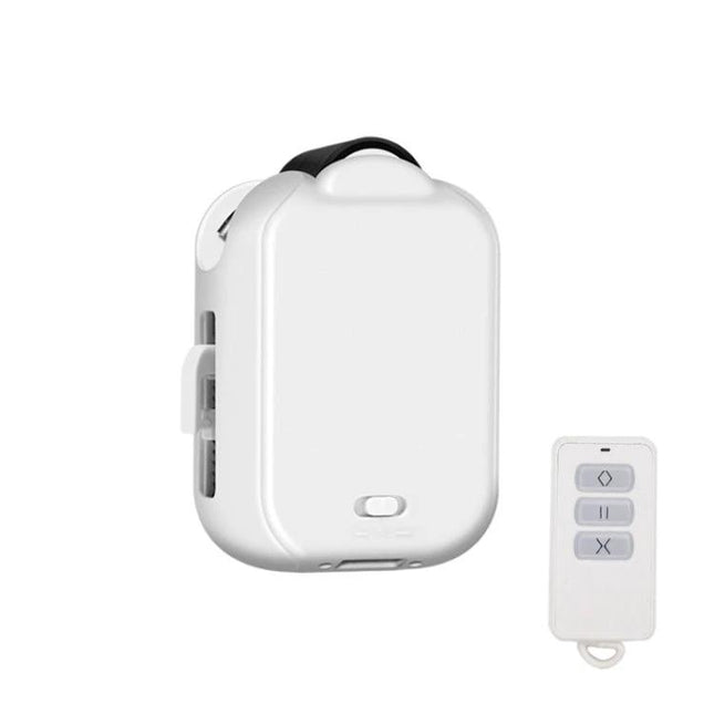 Smart Home Automatic Curtain Opener with Remote Control compact white motorized unit and handheld remote for automated curtains