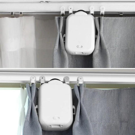 Smart Home Automatic Curtain Opener with Remote Control mounted on curtain track in a bright living room