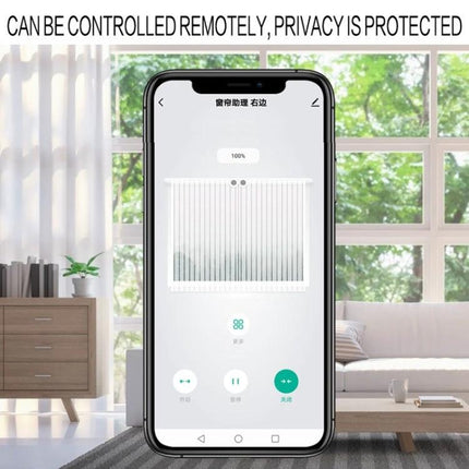 Smart Home Automatic Curtain Opener with Remote Control shown on smartphone app in modern living room controlling curtains