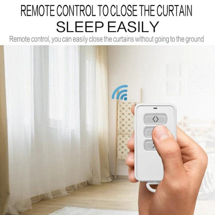 Smart Home Automatic Curtain Opener with Remote Control showing hand-held remote closing sheer curtains in bright bedroom