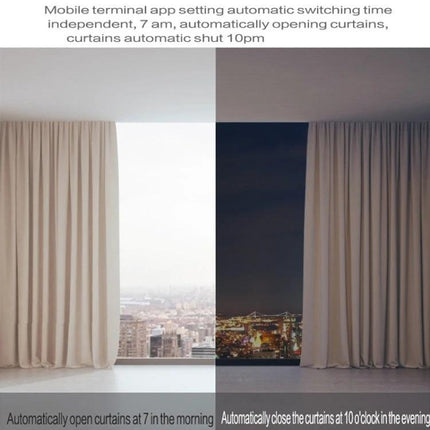 Smart Home Automatic Curtain Opener with Remote Control showing automated morning open and evening close of curtains