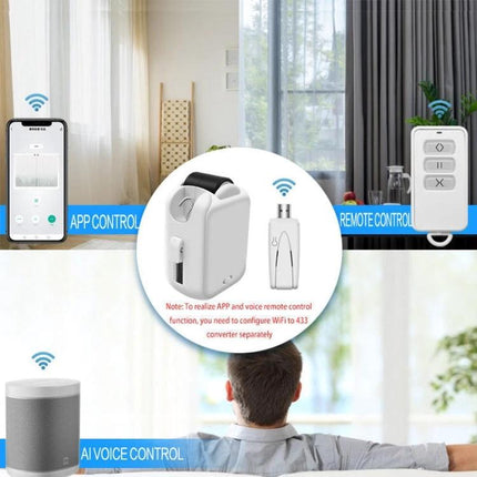 Smart Home Automatic Curtain Opener with Remote Control shown with app, remote, voice control and compact motor unit for automated curtains