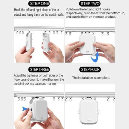 Smart Home Automatic Curtain Opener with Remote Control showing four-step installation guide on curtain rail
