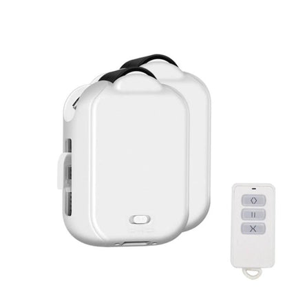Smart Home Automatic Curtain Opener with Remote Control - white dual motor device and remote for automated curtains