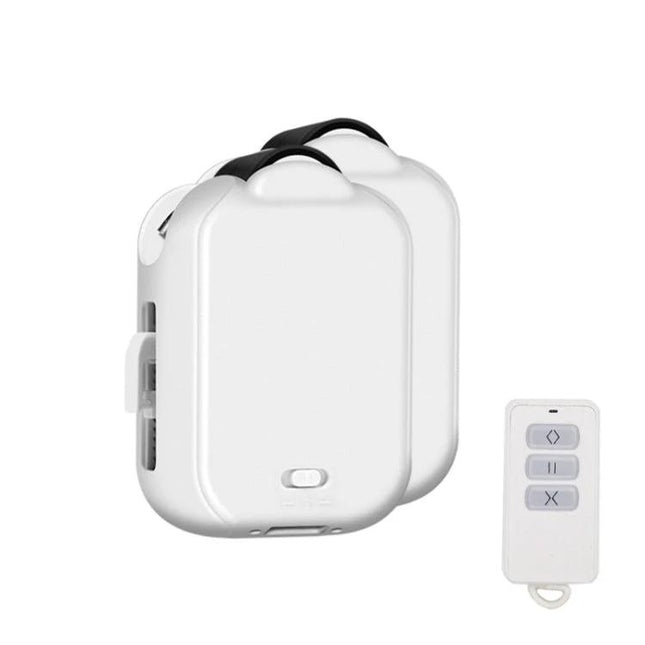 Smart Home Automatic Curtain Opener with Remote Control - white dual motor device and remote for automated curtains