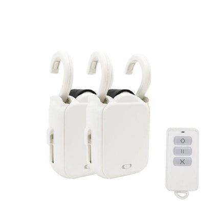 Smart Home Automatic Curtain Opener with Remote Control shown as white motor units and a handheld remote for automated curtain control