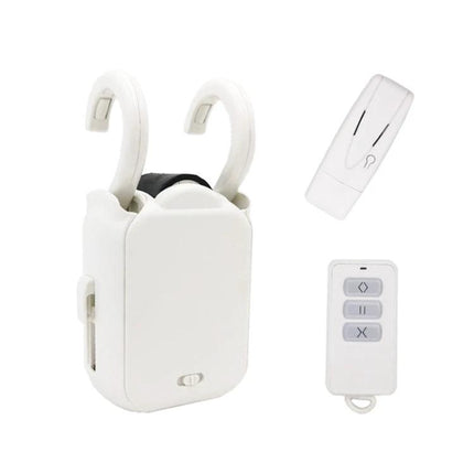 Smart Home Automatic Curtain Opener with Remote Control showing white motor unit and remote for automated curtain control