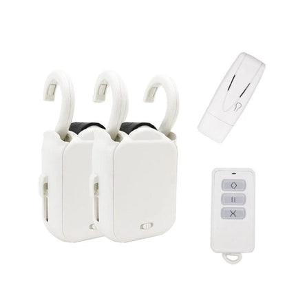 Smart Home Automatic Curtain Opener with Remote Control showing two white motor units with hooks and a dual remote control set
