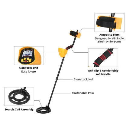 Handheld Metal Detector for Finding Buried Metals Outdoors showing controller unit, armrest, soft handle, stretchable pole and search coil assembly