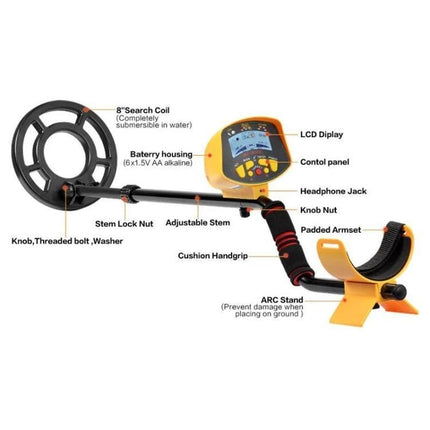 Handheld Metal Detector for Finding Buried Metals Outdoors - yellow detector with 8" search coil, LCD display, control panel, adjustable stem and padded armrest