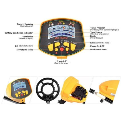 Handheld Metal Detector for Finding Buried Metals Outdoors - close-up of control panel, search coil and battery housing
