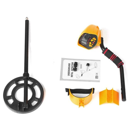 Portable Underground Metal Detector for Outdoor Exploration showing 8-inch coil, control unit, armrest and manual for treasure hunting