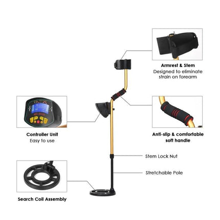 Portable Underground Metal Detector for Outdoor Exploration with 8-inch coil, adjustable stem, armrest, controller unit and anti-slip handle