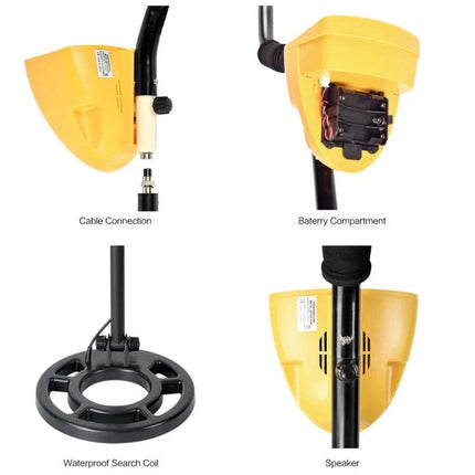 Portable Underground Metal Detector for Outdoor Exploration showing yellow control housing, waterproof 8-inch search coil, battery compartment and speaker