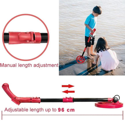 Goint Metal Detector for Children's Outdoor Treasure Hunts - kids using red metal detector on beach, adjustable length up to 96 cm