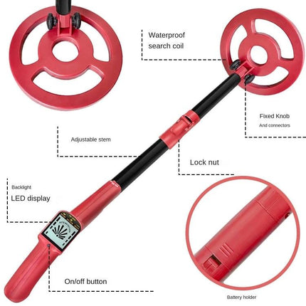 Goint Metal Detector for Children's Outdoor Treasure Hunts - red waterproof search coil, adjustable stem, LED display, on/off button