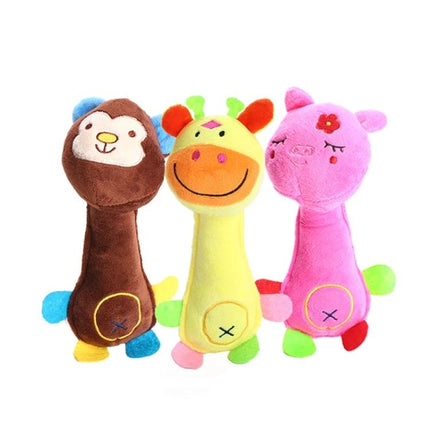 Plush Toys for Daily Dog Play and Teething Fun - three colorful soft plush animal chew toys for puppies and adult dogs