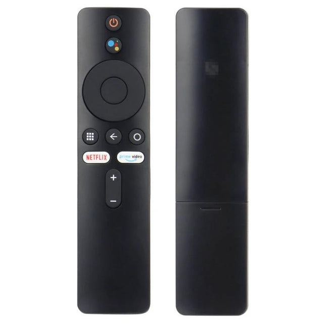 Bluetooth Voice Remote for Xiaomi MI Box S and TV Stick – black voice remote with Netflix and Prime buttons, front and back view