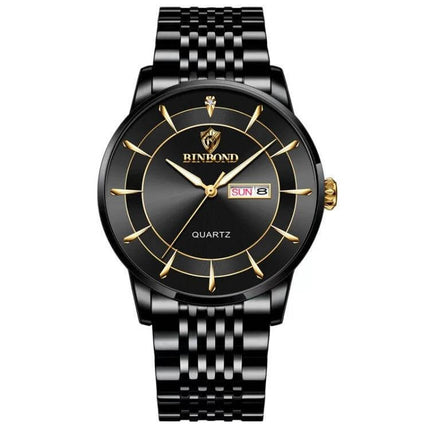 Binbond Men's Waterproof Quartz Watch with Steel Band black dial gold accents stainless steel band 30m water resistant quartz movement