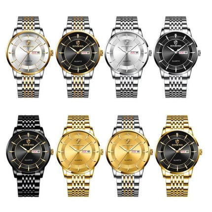 Binbond Men's Waterproof Quartz Watch with Steel Band - eight color variations showing silver, gold and black dials and metal bands