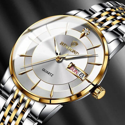Binbond Men's Waterproof Quartz Watch with Steel Band, two-tone gold silver classic men's dress watch, 30m water resistant