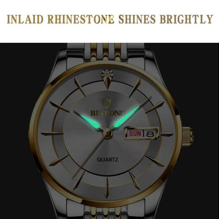 Binbond Men's Waterproof Quartz Watch with Steel Band silver dial gold accents luminous hands day-date display