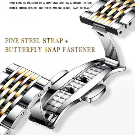 Binbond Men's Waterproof Quartz Watch with Steel Band showing fine steel strap and butterfly snap fastener close-up