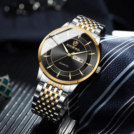 Binbond Men's Waterproof Quartz Watch with Steel Band - two-tone steel band, black dial, 30m water resistant everyday dress watch