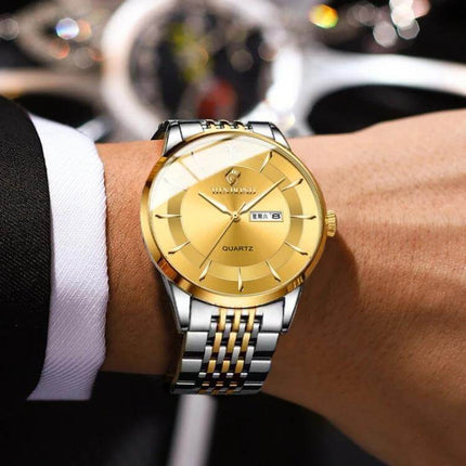 Binbond Men's Waterproof Quartz Watch with Steel Band on wrist showing gold dial and two-tone steel band, 30m water-resistant everyday style