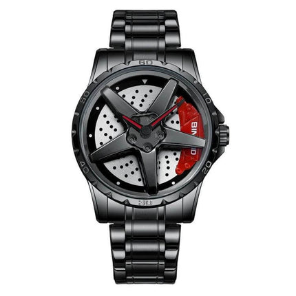 BINBOND Multifunctional Men's Watch for Everyday Wear - black metal case with steel strap, unique rotor-style dial and red accent, everyday multifunction watch