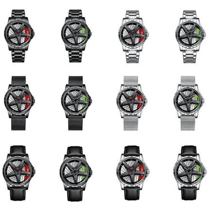 BINBOND Multifunctional Men's Watch for Everyday Wear showing 12 variants with metal and leather straps in black, silver, red and green accents