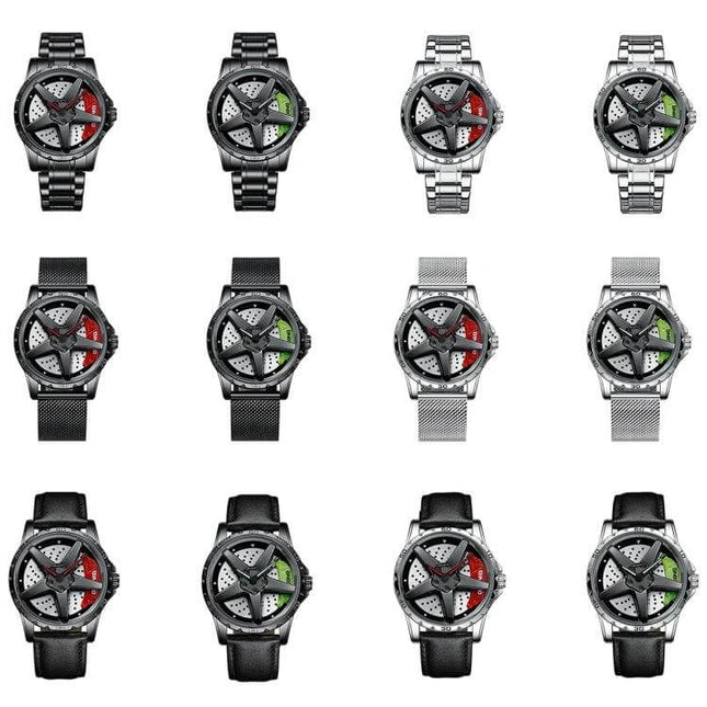 BINBOND Multifunctional Men's Watch for Everyday Wear showing 12 variants with metal and leather straps in black, silver, red and green accents