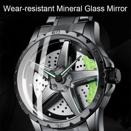 BINBOND Multifunctional Men's Watch for Everyday Wear stainless steel case close-up with black dial and green accents