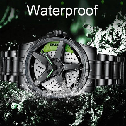 BINBOND Multifunctional Men's Watch for Everyday Wear showing waterproof black metal case and steel strap with water splash