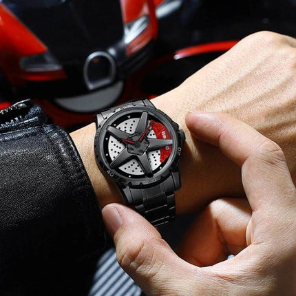 BINBOND Multifunctional Men's Watch for Everyday Wear — black metal case with steel strap, sporty red accents, ideal for daily professional use