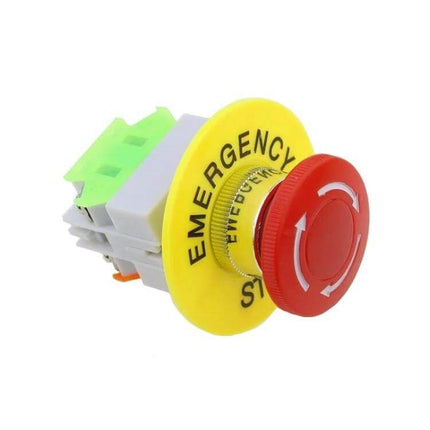 Elevator Emergency Stop Mushroom Head Button for Safety Circuits - red mushroom head with yellow emergency label, compact 6x7 cm safety stop switch