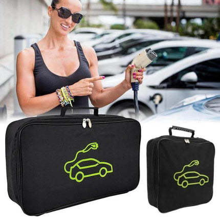 Electric Car Fireproof Charger Storage Bag for Cords shown with woman holding EV charger, black waterproof fireproof trunk organizer with handle