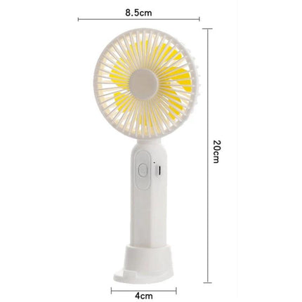 Portable Handheld Mini Fan for Outdoor and Indoor Cooling white compact handheld fan with yellow blades and dimensions 20cm x 8.5cm