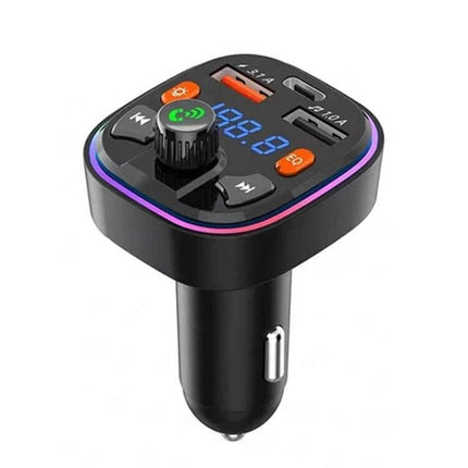 Bluetooth Car Charger And FM Transmitter With Colorful Lighting - compact Bluetooth car adapter with dual USB ports, FM transmitter, hands-free call button, colorful LED ring