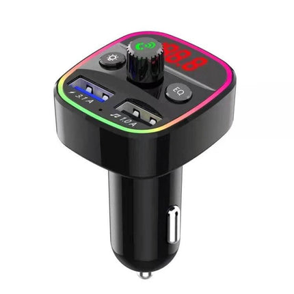 Bluetooth Car Charger And FM Transmitter With Colorful Lighting - compact Bluetooth car adapter with dual USB ports, FM display and colorful LED ring