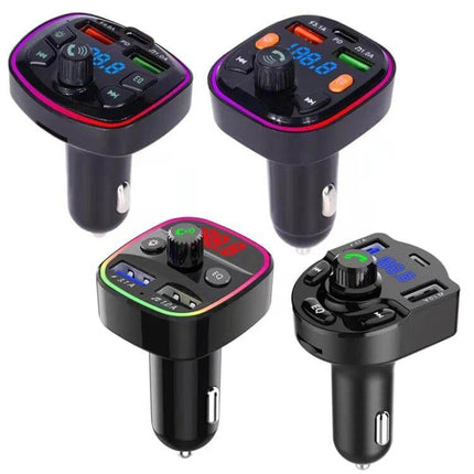 Bluetooth Car Charger And FM Transmitter With Colorful Lighting showing four black in-car Bluetooth FM transmitters with LED ring, display, buttons and dual USB ports