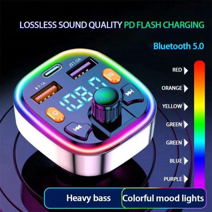 Bluetooth Car Charger And FM Transmitter With Colorful Lighting — compact Bluetooth 5.0 adapter with dual USB ports, FM transmitter, display and mood lights