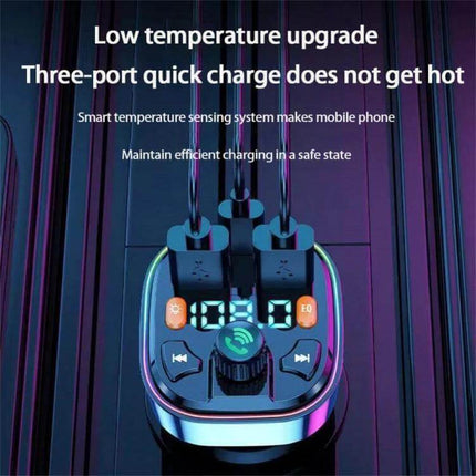 Bluetooth Car Charger And FM Transmitter With Colorful Lighting showing three-port quick charge, LED display and colorful ambient lighting