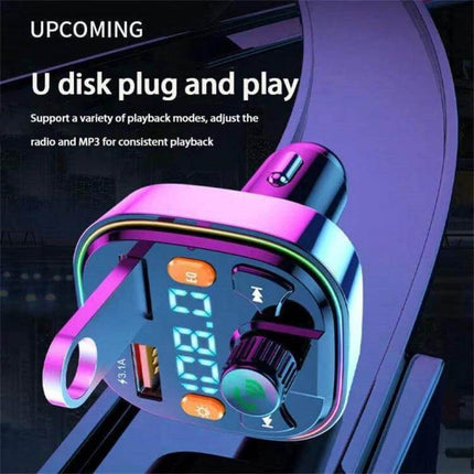 Bluetooth Car Charger And FM Transmitter With Colorful Lighting compact in-car adapter with USB port, LED display and colorful ambient lighting